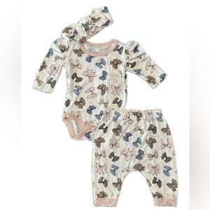 Milkberry Bamboo 3 Piece Set with Hairbow for Infant Girl, Pink Bows, 0-3 Months